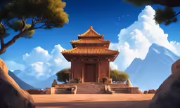 an old temple with mountains in the background