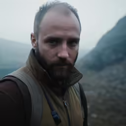a person with a beard is standing by mountains