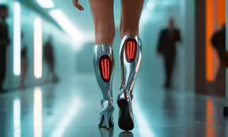 a woman in high heels with red lights on the toes