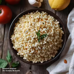 a bowl filled with pasta and garnished with basil