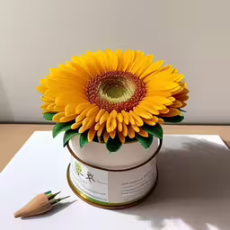 a small round vase holds a sunflower and some small flowers,an orange flower is placed on top of the white paper