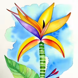 a painting of a beautiful flower and a bird of paradise,an artistic colored drawing of a flower on white paper