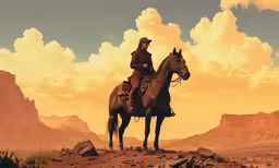 the painting shows a man on horseback against a scenic background