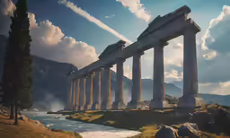 four large columns in the middle of a river