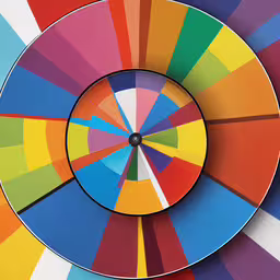 several colors of rainbow in the middle of a wheel,a colorful sculpture is shown in this photo