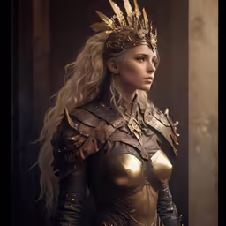 a woman dressed in armor with golden feathers
