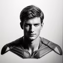 a black and white photo of a man wearing an iron suit