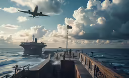 the plane is flying low to the water by the dock