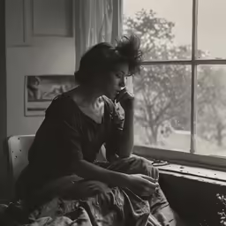 an asian woman in a black top sitting on a couch