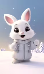 a white rabbit is holding a camera in the snow,a cartoon rabbit with a white jacket on and a snowy hill in the background