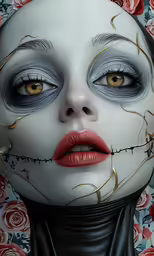 an artisticly painted photo with flowers surrounding the face