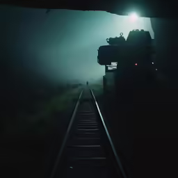 a train traveling along train tracks with bright lights