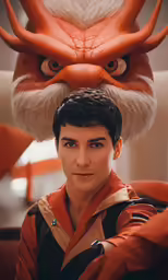 a man with an orange shirt and large horns on his head
