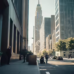 a person standing next to a street that has tall buildings on each side