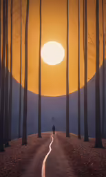 a person walks through the woods, past a moon filled sky