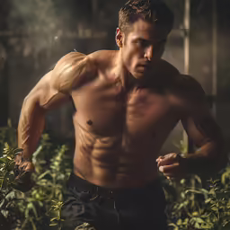 a man with no shirt on is standing in front of some plants