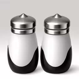 two salt and pepper shakers sitting side by side