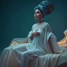 a woman in a white gown sits on a bed