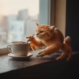 a cat is in front of a coffee cup, with spoons in it