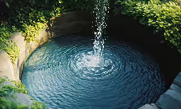 a circular fountain flowing over a small body of water