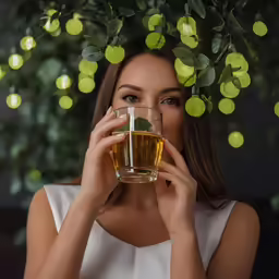 the woman is holding up her glass of liquid