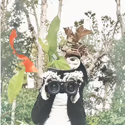 a weird owl with a camera sitting in a tree