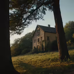 a house sitting next to some trees in the woods