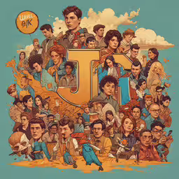a bunch of people in the shape of letter j,an illustrated drawing of people in the middle of a poster