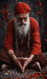 a man with a beard and a white beard sits in the sand while making a heart sign