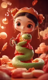 the adorable doll is holding a green snake