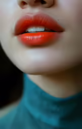 the girl has an orange lipstick on her lips