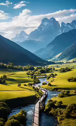 a long train on a track crossing a river