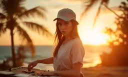 woman carrying her luggage on the beach at sunset