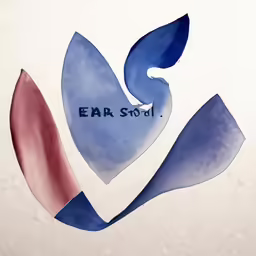 a colorful blue and red logo with a design that reads ear stool