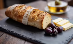 a roll, cheese and olives on a plate next to a cup