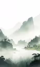 the mountain scenery is foggy and misty