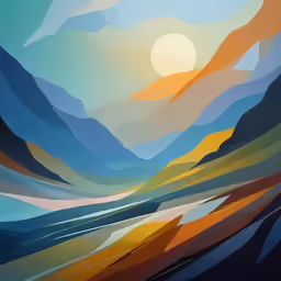 a large painting of mountains, sun and blue water