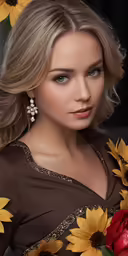 a woman wearing a dress with sunflowers on it