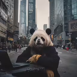 a panda bear with black and white head, leaning on a table