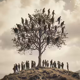 a group of people standing in front of a large tree
