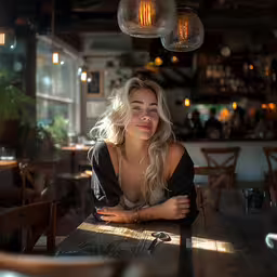 young lady posing at a wooden table in a restaurant,a woman in black top sitting at a wooden table