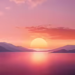 a sunset over the ocean with mountains in the distance