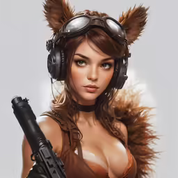 an attractive woman dressed as a soldier with a gun