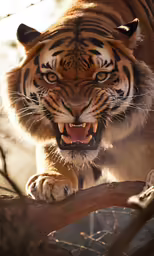 the tiger is roaring with its mouth wide open