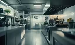 large open kitchen with a metallic finish on the floor