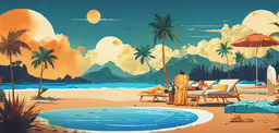 a painting depicting people lounging in a sandy tropical setting with a pool and mountains on the far side,the beach scene features a man sitting by a pool