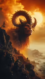 a demon stares off at the sunset while on top of a mountain