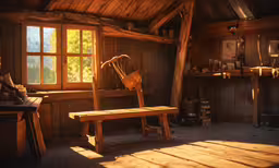 a rocking chair on top of a wooden bench,a very nice looking wooden room with a big window