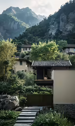 a mountain behind some homes with trees on the slopes