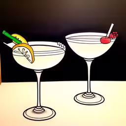 two martinis with limes and a drink,two glasses sitting on the table with alcohol and a cork